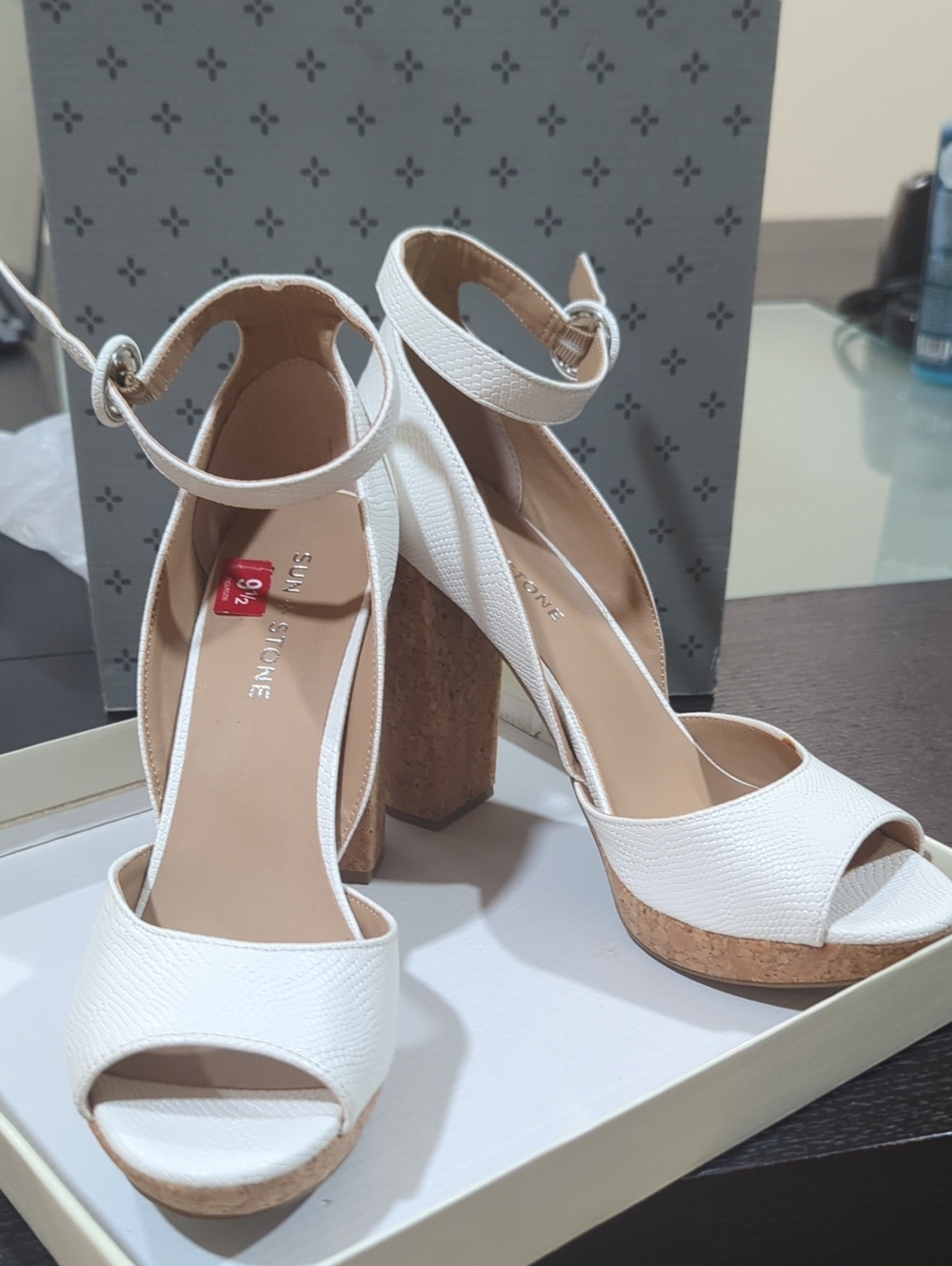 Sun + Stone White Ankle Strap Cork Block Sandals